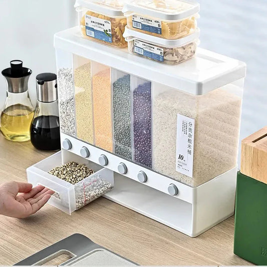 6 Grid Kitchen Dry Food Dispenser Beans, Grain, Rice And Cereals Sealed Storage Tank